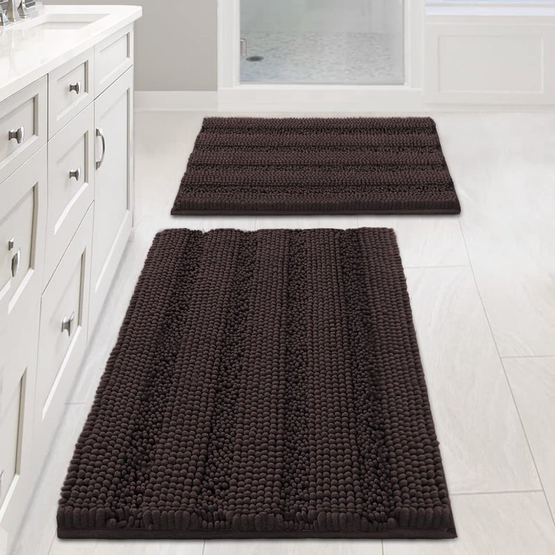 H.VERSAILTEX Non Slip Thick Shaggy Chenille Bathroom Rug Mat Set Extra Soft and Absorbent Striped Floor Rugs, 2 Piece, Machine-Washable - Image 1